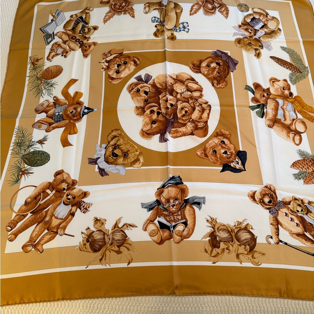 Hermes Teddy Bear Print Scarf in Brown and Cream